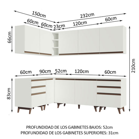 Cocina Integral Esquinero Modular Reims Blanco 382x210cm con Mesón de Madera Aglomerada Mdp sin Estufa con Seis Cajones y con Dieciocho Entrepaños - COCINAS | Bylmo