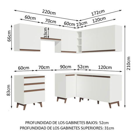 Cocina Integral Esquinero Modular Reims Blanco 392x210cm con Mesón de Madera Aglomerada Mdp sin Estufa con Tres Cajones y con Diecisiete Entrepaños - COCINAS | Bylmo