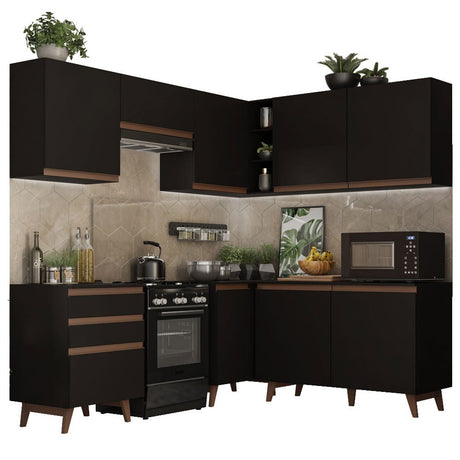 Cocina Integral Esquinero Modular Reims Negro 392x210cm con Mesón de Madera Aglomerada Mdp sin Estufa con Tres Cajones y con Diecisiete Entrepaños - COCINAS | Bylmo