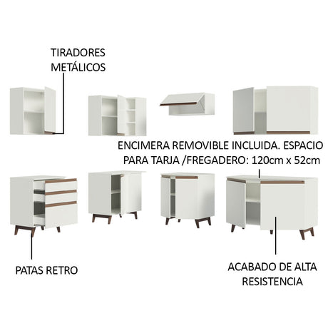 Cocina Integral Esquinero Modular Reims Blanco 392x210cm con Mesón de Madera Aglomerada Mdp sin Estufa con Tres Cajones y con Diecinueve Entrepaños - COCINAS | Bylmo