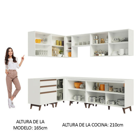 Cocina Integral Esquinero Modular Reims Blanco 392x210cm con Mesón de Madera Aglomerada Mdp sin Estufa con Tres Cajones y con Diecinueve Entrepaños - COCINAS | Bylmo