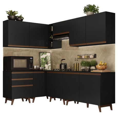 Cocina Integral Esquinero Modular Reims Negro 392x210cm con Mesón de Madera Aglomerada Mdp sin Estufa con Tres Cajones y con Diecinueve Entrepaños - COCINAS | Bylmo
