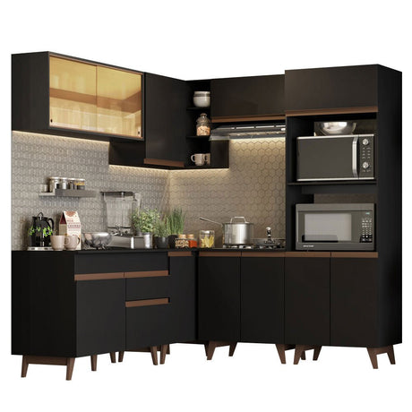 Cocina Integral Esquinero Modular Reims Negro 402x210cm con Mesón de Madera Aglomerada Mdp sin Estufa con Un Cajón y con Veintiuno Entrepaños - COCINAS | Bylmo