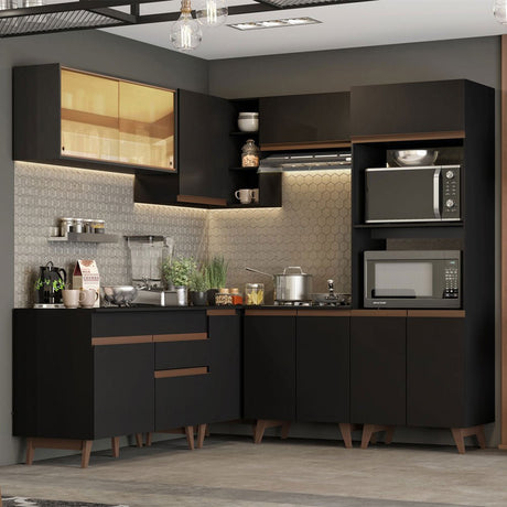 Cocina Integral Esquinero Modular Reims Negro 402x210cm con Mesón de Madera Aglomerada Mdp sin Estufa con Un Cajón y con Veintiuno Entrepaños - COCINAS | Bylmo