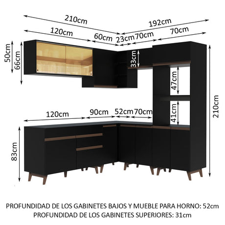 Cocina Integral Esquinero Modular Reims Negro 402x210cm con Mesón de Madera Aglomerada Mdp sin Estufa con Un Cajón y con Veintiuno Entrepaños - COCINAS | Bylmo