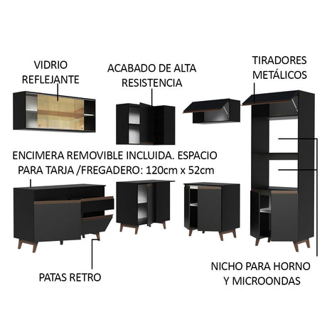 Cocina Integral Esquinero Modular Reims Negro 402x210cm con Mesón de Madera Aglomerada Mdp sin Estufa con Un Cajón y con Veintiuno Entrepaños - COCINAS | Bylmo