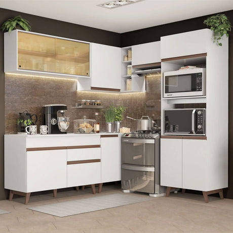 Cocina Integral Esquinero Modular Reims Blanco 402x210cm con Mesón de Madera Aglomerada Mdp sin Estufa con Un Cajón y con Diecinueve Entrepaños - COCINAS | Bylmo