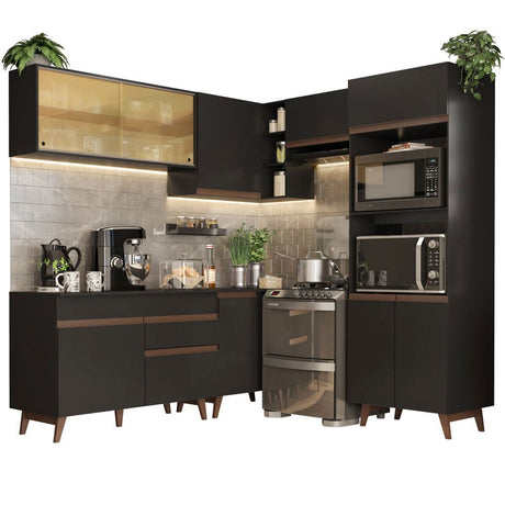 Cocina Integral Esquinero Modular Reims Negro 402x210cm con Mesón de Madera Aglomerada Mdp sin Estufa con Un Cajón y con Diecinueve Entrepaños - COCINAS | Bylmo