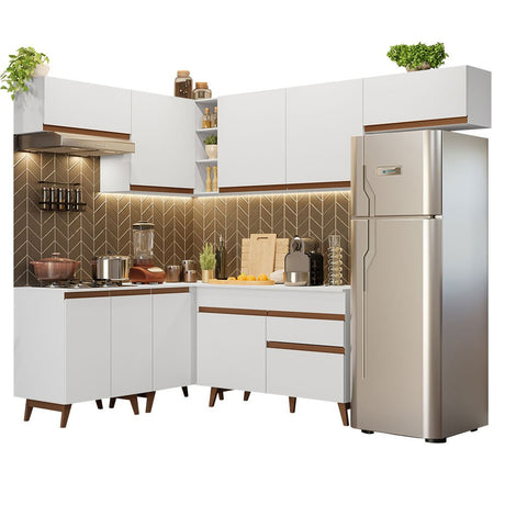 Cocina Integral Esquinero Modular Reims Blanco 402x210cm con Mesón de Madera Aglomerada Mdp sin Estufa con Un Cajón y con Diecisiete Entrepaños - COCINAS | Bylmo