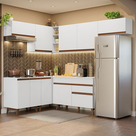 Cocina Integral Esquinero Modular Reims Blanco 402x210cm con Mesón de Madera Aglomerada Mdp sin Estufa con Un Cajón y con Diecisiete Entrepaños - COCINAS | Bylmo