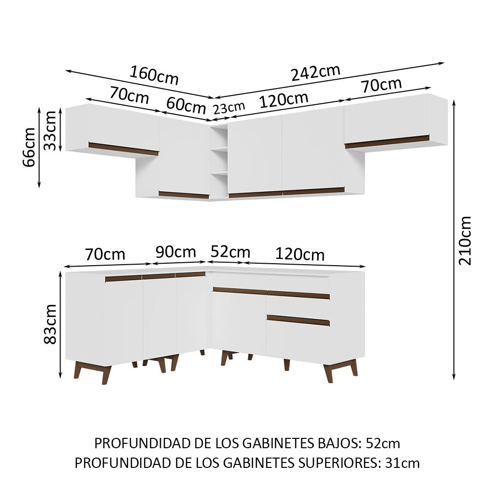 Cocina Integral Esquinero Modular Reims Blanco 402x210cm con Mesón de Madera Aglomerada Mdp sin Estufa con Un Cajón y con Diecisiete Entrepaños - COCINAS | Bylmo