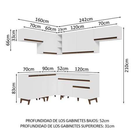 Cocina Integral Esquinero Modular Reims Blanco 402x210cm con Mesón de Madera Aglomerada Mdp sin Estufa con Un Cajón y con Diecisiete Entrepaños - COCINAS | Bylmo