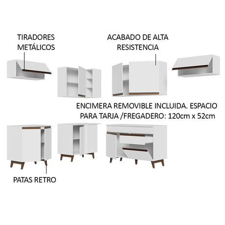 Cocina Integral Esquinero Modular Reims Blanco 402x210cm con Mesón de Madera Aglomerada Mdp sin Estufa con Un Cajón y con Diecisiete Entrepaños - COCINAS | Bylmo