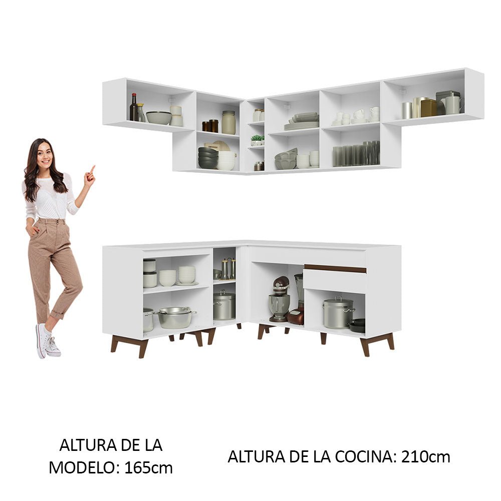 Cocina Integral Esquinero Modular Reims Blanco 402x210cm con Mesón de Madera Aglomerada Mdp sin Estufa con Un Cajón y con Diecisiete Entrepaños - COCINAS | Bylmo