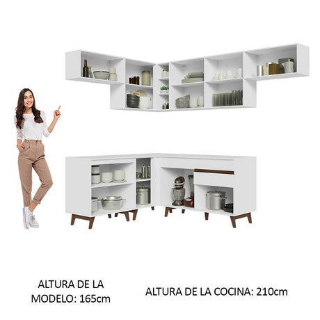 Cocina Integral Esquinero Modular Reims Blanco 402x210cm con Mesón de Madera Aglomerada Mdp sin Estufa con Un Cajón y con Diecisiete Entrepaños - COCINAS | Bylmo