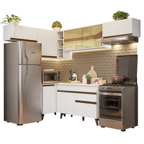 Cocina Integral Esquinero Modular Reims Blanco 402x210cm con Mesón de Madera Aglomerada Mdp sin Estufa con Un Cajón y con Quince Entrepaños - COCINAS | Bylmo