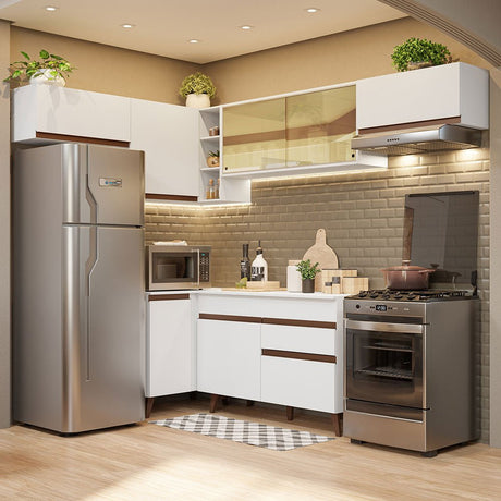 Cocina Integral Esquinero Modular Reims Blanco 402x210cm con Mesón de Madera Aglomerada Mdp sin Estufa con Un Cajón y con Quince Entrepaños - COCINAS | Bylmo