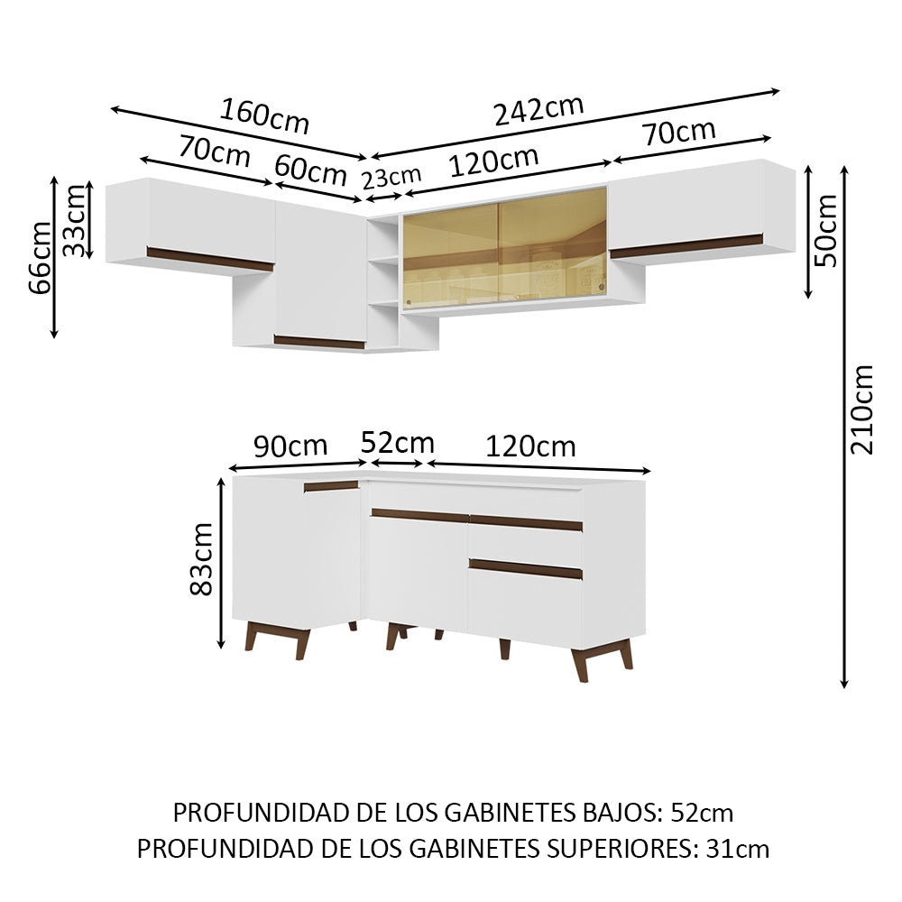 Cocina Integral Esquinero Modular Reims Blanco 402x210cm con Mesón de Madera Aglomerada Mdp sin Estufa con Un Cajón y con Quince Entrepaños - COCINAS | Bylmo