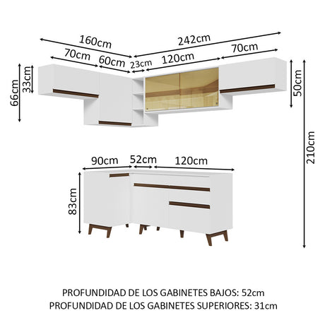 Cocina Integral Esquinero Modular Reims Blanco 402x210cm con Mesón de Madera Aglomerada Mdp sin Estufa con Un Cajón y con Quince Entrepaños - COCINAS | Bylmo