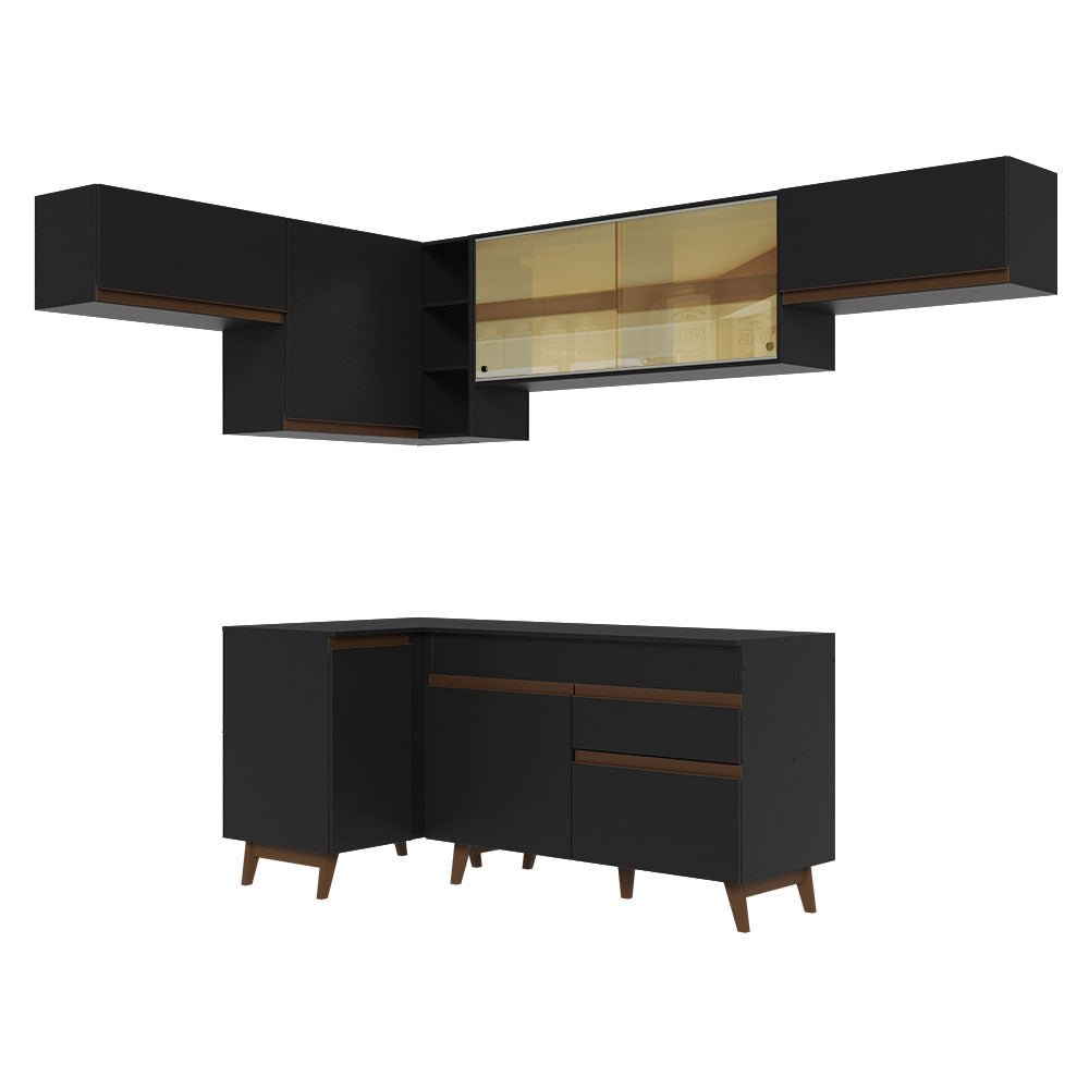 Cocina Integral Esquinero Modular Reims Negro 402x210cm con Mesón de Madera Aglomerada Mdp sin Estufa con Un Cajón y con Quince Entrepaños - COCINAS | Bylmo