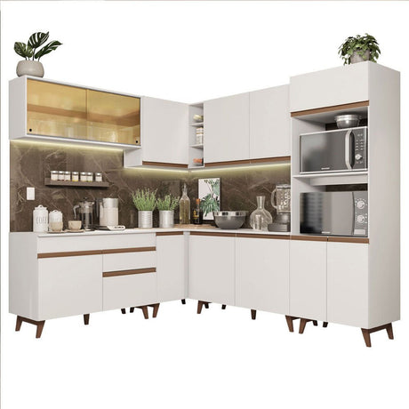 Cocina Integral Esquinero Modular Reims Blanco 452x210cm con Mesón de Madera Aglomerada Mdp sin Estufa con Un Cajón y con Veinticinco Entrepaños - COCINAS | Bylmo