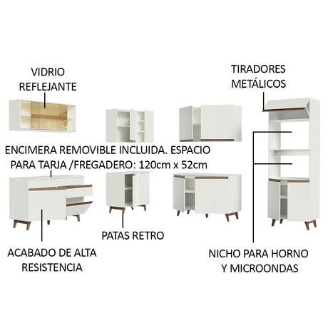 Cocina Integral Esquinero Modular Reims Blanco 452x210cm con Mesón de Madera Aglomerada Mdp sin Estufa con Un Cajón y con Veinticinco Entrepaños - COCINAS | Bylmo