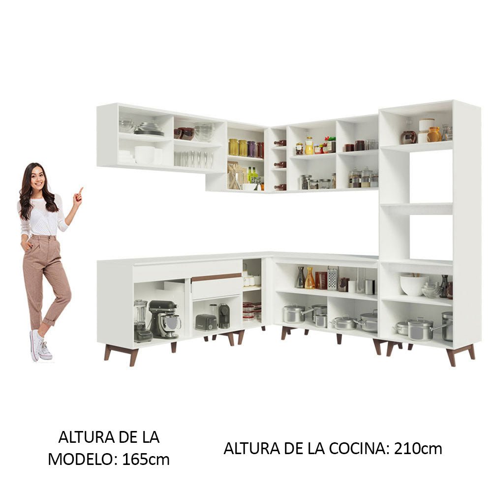 Cocina Integral Esquinero Modular Reims Blanco 452x210cm con Mesón de Madera Aglomerada Mdp sin Estufa con Un Cajón y con Veinticinco Entrepaños - COCINAS | Bylmo