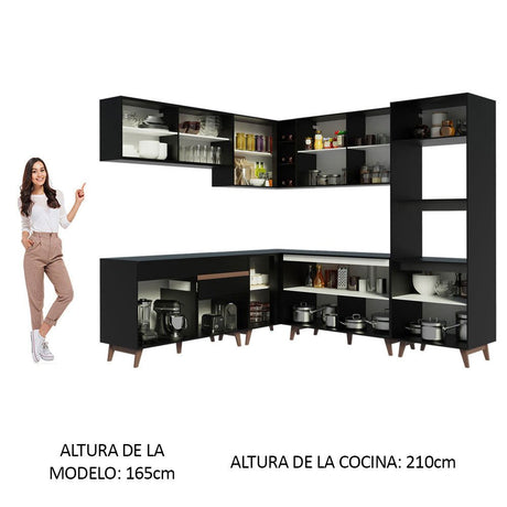 Cocina Integral Esquinero Modular Reims Negro 452x210cm con Mesón de Madera Aglomerada Mdp sin Estufa con Un Cajón y con Veinticinco Entrepaños - COCINAS | Bylmo