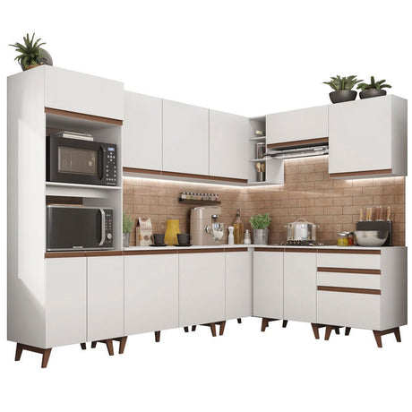 Cocina Integral Esquinero Modular Reims Blanco 462x210cm con Mesón de Madera Aglomerada Mdp sin Estufa con Tres Cajones y con Veinticuatro Entrepaños - COCINAS | Bylmo