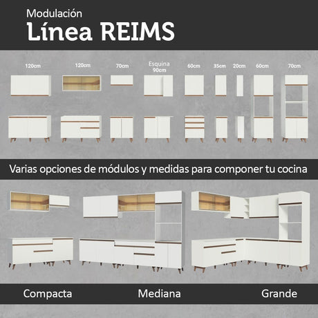 Cocina Integral Esquinero Modular Reims Blanco 462x210cm con Mesón de Madera Aglomerada Mdp sin Estufa con Tres Cajones y con Veinticuatro Entrepaños - COCINAS | Bylmo