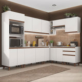 Cocina Integral Esquinero Modular Reims Blanco 462x210cm con Mesón de Madera Aglomerada Mdp sin Estufa con Tres Cajones y con Veinticuatro Entrepaños - COCINAS | Bylmo