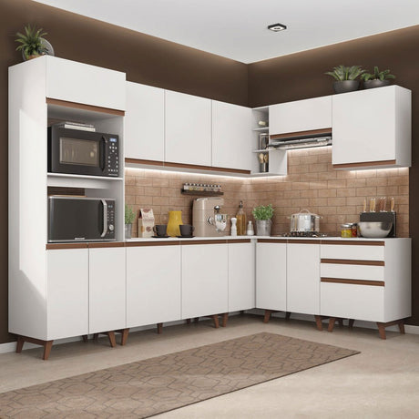 Cocina Integral Esquinero Modular Reims Blanco 462x210cm con Mesón de Madera Aglomerada Mdp sin Estufa con Tres Cajones y con Veinticuatro Entrepaños - COCINAS | Bylmo