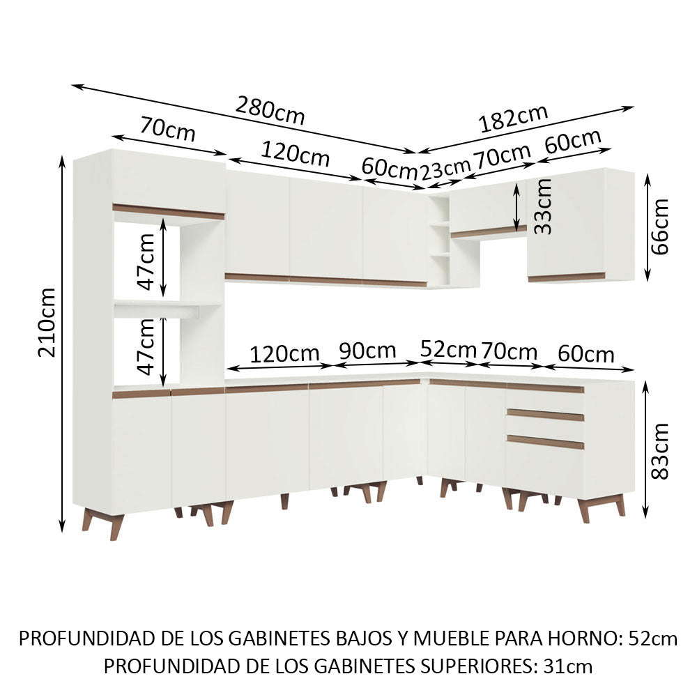 Cocina Integral Esquinero Modular Reims Blanco 462x210cm con Mesón de Madera Aglomerada Mdp sin Estufa con Tres Cajones y con Veinticuatro Entrepaños - COCINAS | Bylmo