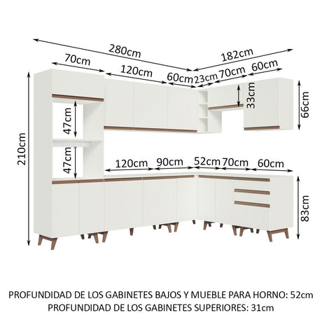 Cocina Integral Esquinero Modular Reims Blanco 462x210cm con Mesón de Madera Aglomerada Mdp sin Estufa con Tres Cajones y con Veinticuatro Entrepaños - COCINAS | Bylmo