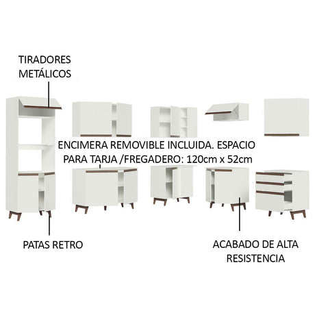 Cocina Integral Esquinero Modular Reims Blanco 462x210cm con Mesón de Madera Aglomerada Mdp sin Estufa con Tres Cajones y con Veinticuatro Entrepaños - COCINAS | Bylmo
