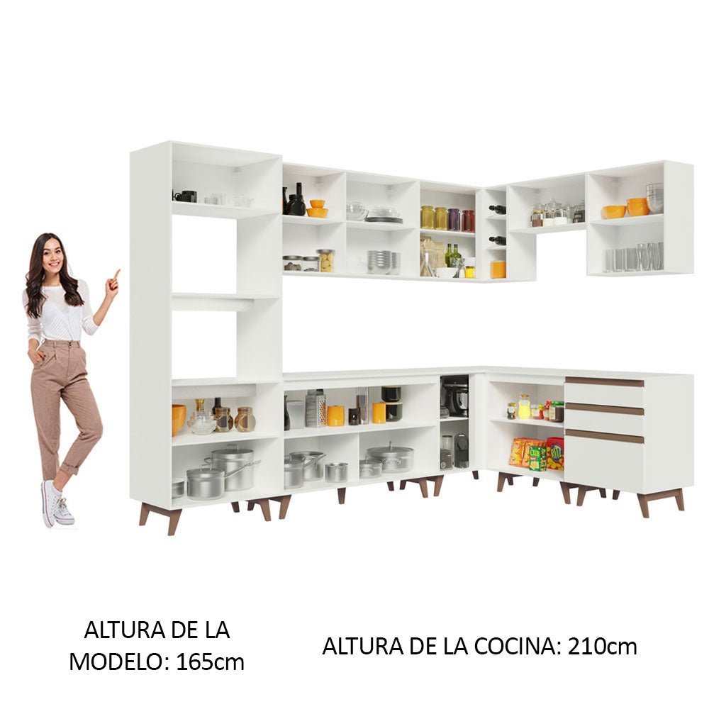 Cocina Integral Esquinero Modular Reims Blanco 462x210cm con Mesón de Madera Aglomerada Mdp sin Estufa con Tres Cajones y con Veinticuatro Entrepaños - COCINAS | Bylmo