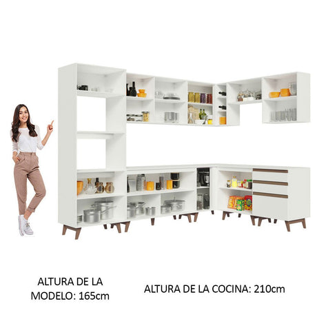 Cocina Integral Esquinero Modular Reims Blanco 462x210cm con Mesón de Madera Aglomerada Mdp sin Estufa con Tres Cajones y con Veinticuatro Entrepaños - COCINAS | Bylmo