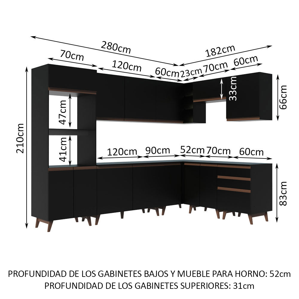 Cocina Integral Esquinero Modular Reims Negro 462x210cm con Mesón de Madera Aglomerada Mdp sin Estufa con Tres Cajones y con Veinticuatro Entrepaños - COCINAS | Bylmo