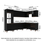 Cocina Integral Esquinero Modular Reims Negro 462x210cm con Mesón de Madera Aglomerada Mdp sin Estufa con Tres Cajones y con Veinticuatro Entrepaños - COCINAS | Bylmo