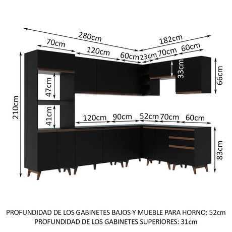 Cocina Integral Esquinero Modular Reims Negro 462x210cm con Mesón de Madera Aglomerada Mdp sin Estufa con Tres Cajones y con Veinticuatro Entrepaños - COCINAS | Bylmo