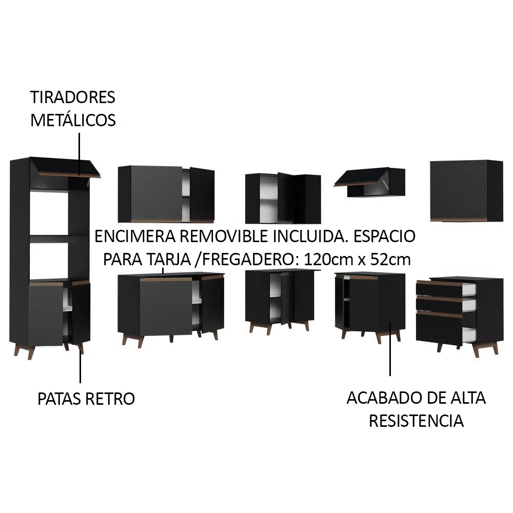 Cocina Integral Esquinero Modular Reims Negro 462x210cm con Mesón de Madera Aglomerada Mdp sin Estufa con Tres Cajones y con Veinticuatro Entrepaños - COCINAS | Bylmo