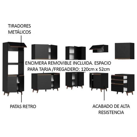 Cocina Integral Esquinero Modular Reims Negro 462x210cm con Mesón de Madera Aglomerada Mdp sin Estufa con Tres Cajones y con Veinticuatro Entrepaños - COCINAS | Bylmo