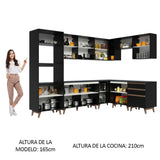 Cocina Integral Esquinero Modular Reims Negro 462x210cm con Mesón de Madera Aglomerada Mdp sin Estufa con Tres Cajones y con Veinticuatro Entrepaños - COCINAS | Bylmo