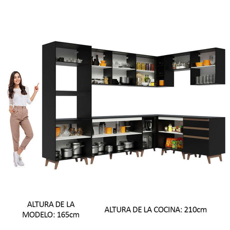 Cocina Integral Esquinero Modular Reims Negro 462x210cm con Mesón de Madera Aglomerada Mdp sin Estufa con Tres Cajones y con Veinticuatro Entrepaños - COCINAS | Bylmo
