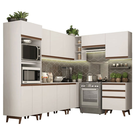 Cocina Integral Esquinero Modular Reims Blanco 462x210cm con Mesón de Madera Aglomerada Mdp sin Estufa con Tres Cajones y con Veintidós Entrepaños - COCINAS | Bylmo