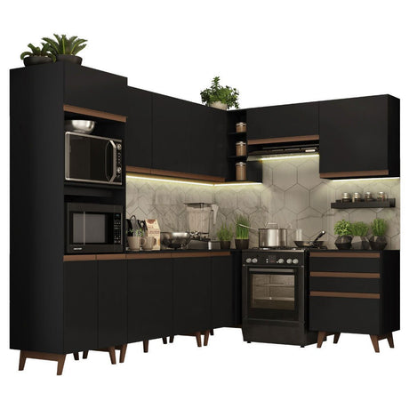 Cocina Integral Esquinero Modular Reims Negro 462x210cm con Mesón de Madera Aglomerada Mdp sin Estufa con Tres Cajones y con Veintidós Entrepaños - COCINAS | Bylmo