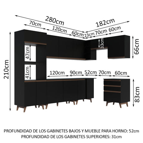 Cocina Integral Esquinero Modular Reims Negro 462x210cm con Mesón de Madera Aglomerada Mdp sin Estufa con Tres Cajones y con Veintidós Entrepaños - COCINAS | Bylmo