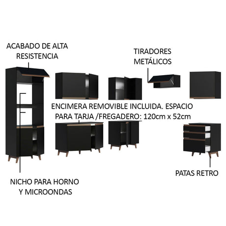 Cocina Integral Esquinero Modular Reims Negro 462x210cm con Mesón de Madera Aglomerada Mdp sin Estufa con Tres Cajones y con Veintidós Entrepaños - COCINAS | Bylmo