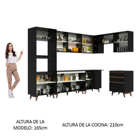 Cocina Integral Esquinero Modular Reims Negro 462x210cm con Mesón de Madera Aglomerada Mdp sin Estufa con Tres Cajones y con Veintidós Entrepaños - COCINAS | Bylmo