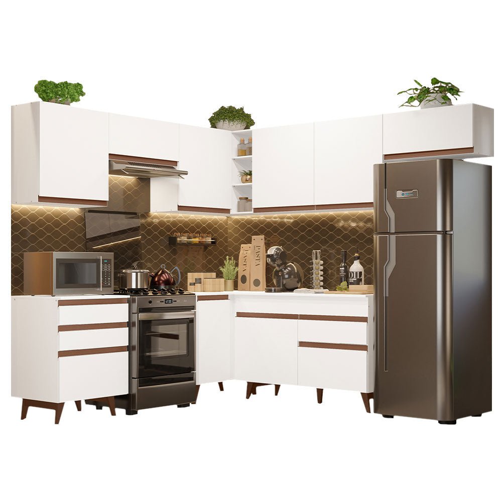 Cocina Integral Esquinero Modular Reims Blanco 462x210cm con Mesón de Madera Aglomerada Mdp sin Estufa con Cuatro Cajones y con Diecisiete Entrepaños - COCINAS | Bylmo